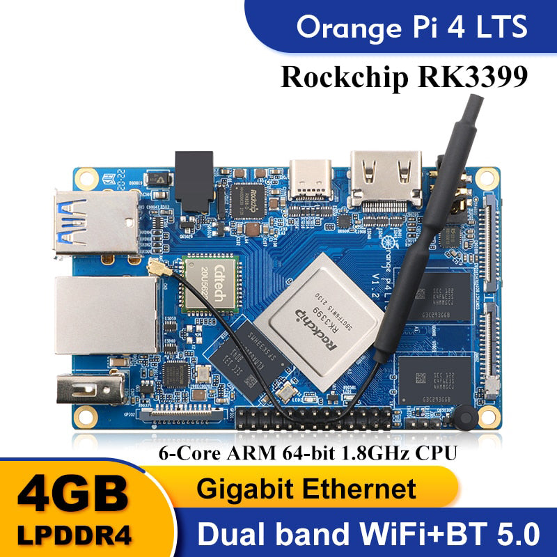 Orange Pi 4 Lts Single Board Computer 4GB RAM 16GB EMMC Wifi BT5.0 Demo Board Support Android Ubuntu Debian OS Development Board